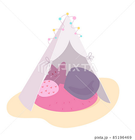 Empty blanket fortress, tent or homemade teepee at home, cute tipi with toy and pillows Empty blanket fortress, tent or homemade teepee at home, cute tipi with toy and pillows 85196469