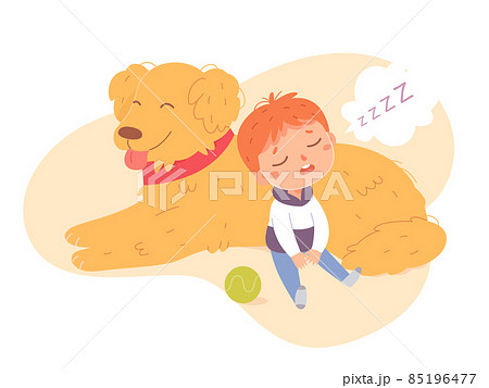 Funny boy sleeping with dog on lazy nap time vector, child falling asleep in cute pose 85196477