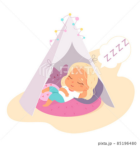 Cute child lying in homemade teepee to sleep, baby falling asleep after playing games Cute child lying in homemade teepee to sleep, baby falling asleep after playing games 85196480