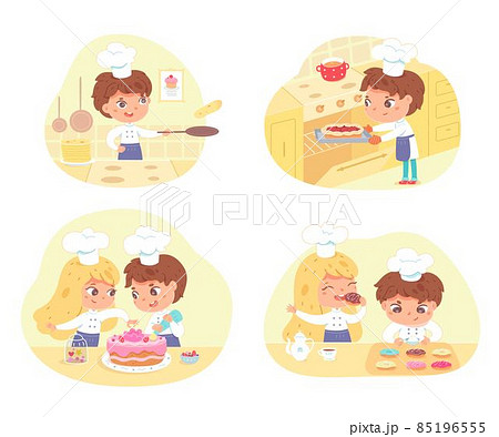 Kids cooking and baking pastry set. Little girl and boy in hat and apron making pie, pancakes, cake, doughnuts vector illustration. Young chefs preparing sweet food in kitchen 85196555