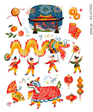 Chinese New Year celebration elements set. Traditional Asian festival vector illustration. People with dragon, animal costume, lanterns, oranges, firecrackers, fans on white background Chinese New Year celebration elements set. Traditional Asian festival vector illustration. People with dragon, animal costume, lanterns, oranges, firecrackers, fans on white background 85197082