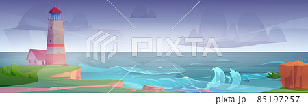 Lighthouse on sea shore at storm, beacon in ocean Lighthouse on sea shore at storm, beacon in ocean 85197257