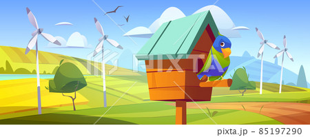 Cute parrot in birdhouse, fields and wind turbines Cute parrot in birdhouse, fields and wind turbines 85197290