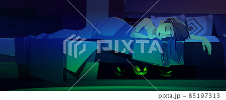 Monsters hiding under bed with sleeping woman Monsters hiding under bed with sleeping woman 85197313