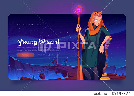 Young wizard with magic staff and broom on rock Young wizard with magic staff and broom on rock 85197324