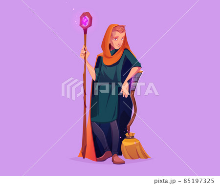 Man wizard with magic staff and broom Man wizard with magic staff and broom 85197325