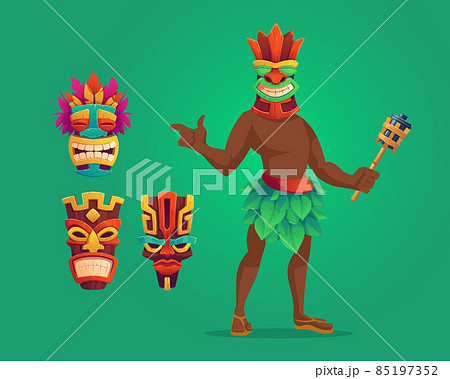Tiki man with torch and masks, wooden totems set Tiki man with torch and masks, wooden totems set 85197352