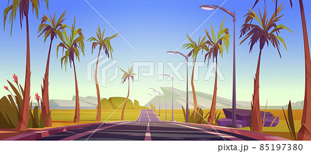 Tropical landscape with car road and palm trees Tropical landscape with car road and palm trees 85197380