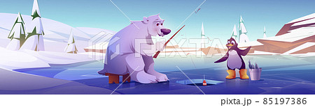 White bear and penguin fishing, cute wild animals 85197386