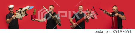 Collage of portraits of brave man, firefighter holding different objects and posing isolated over red background 85197651