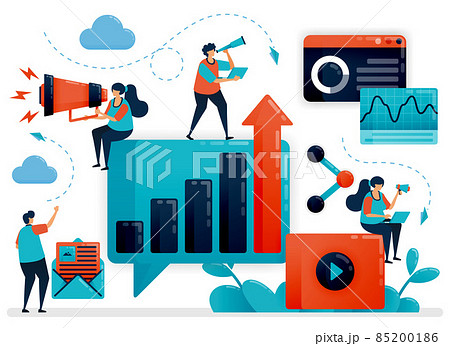 Optimization and developing business growth with advertising and promotion. Internet marketing strategy, planning and analysis. Flat vector human illustration for landing page, website, mobile, poster Optimization and developing business growth with advertising and promotion. Internet marketing strategy, planning and analysis. Flat vector human illustration for landing page, website, mobile, poster 85200186
