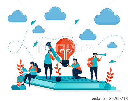 Ideas and inspiration in learning and education. People sitting on books. Modern online learning. Lamp bulb and pencil. Education business. Illustration for business card, banner, brochure, flyer Ideas and inspiration in learning and education. People sitting on books. Modern online learning. Lamp bulb and pencil. Education business. Illustration for business card, banner, brochure, flyer 85200218