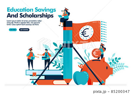 Vector illustration of people wave money flag with pencil. Saving money in a piggy bank for educational expenses. Educational scholarship. Design for landing page, web, banner, template, poster, ui ux 85200347