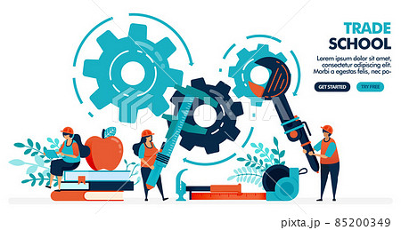 Vector illustration of people learning to repair machines. Trade school or vocational. University or college institution. Vocational education. Design for landing page, web, banner, template, poster 85200349