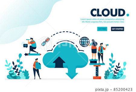 Vector illustration database and cloud. Internet download and upload to database system. Cloud hosting and storage rental services. Designed for landing page, web, banner, template, flyer, poster, ui 85200423