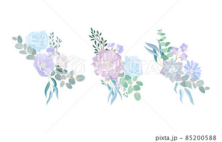 Set of elegant bouquets or bunches of dusty blue, pale pink flowers and twigs. Floral design in trendy pastel colors vector illustration Set of elegant bouquets or bunches of dusty blue, pale pink flowers and twigs. Floral design in trendy pastel colors vector illustration 85200588