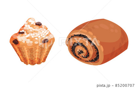 Pastry products for bakery menu set. Raisin cupcake and poppy seed bun, delicious bakery assortment vector illustration Pastry products for bakery menu set. Raisin cupcake and poppy seed bun, delicious bakery assortment vector illustration 85200707