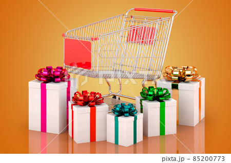 Shopping metallic cart with gifts, 3D rendering 85200773