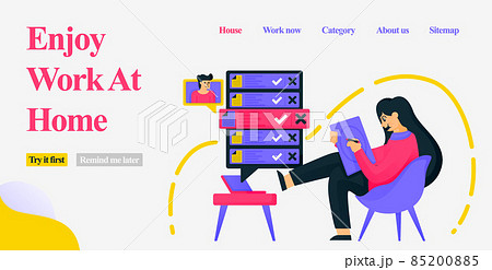 Design a girl sitting in a home chair casually and working as a freelancer by designing, getting orders and meeting clients on the internet. Flat vector illustration concept for Landing page, website 85200885
