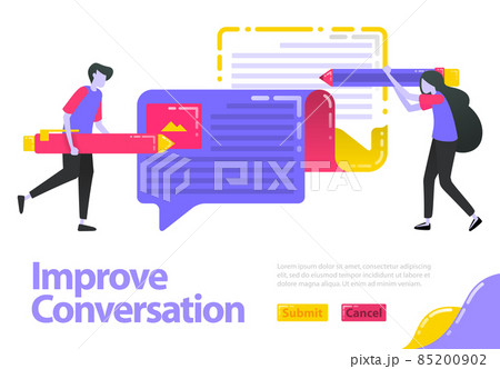 Illustration improve conversation. People who are writing opinions can ballon chat. Improve and update opinions and information. Flat vector concept for Landing page, website, mobile, apps ui, banner 85200902