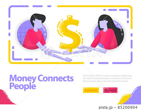 Illustration money connects people. People shake hands and get out money. Cooperation in business and finance. Dollar and investment. Flat vector concept for Landing page, website, mobile, apps ui, 85200904