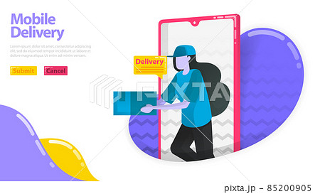 Illustration of mobile delivery. Women who deliver goods. Courier coming out of the mobile smartfone. delivery order application. flat vector concept for Landing page, website, mobile, apps ui, flyer Illustration of mobile delivery. Women who deliver goods. Courier coming out of the mobile smartfone. delivery order application. flat vector concept for Landing page, website, mobile, apps ui, flyer 85200905