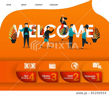 WELCOME word with an orange theme and lots of people around. can use for, landing page, template, ui, web, mobile app, poster, banner, flyer, vector illustration, online promotion, internet marketing 85200934