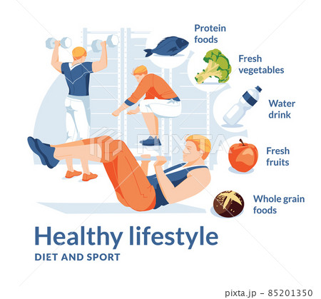 Different active active fitness men do exercises in gym club. Healthy sport food benefits infographic. Isolated on white background. Flat vector illustration 85201350
