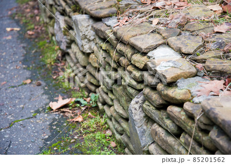 Texture of an old stone wall covered with green moss. Stones and moss. Greeting card Texture of an old stone wall covered with green moss. Stones and moss. Greeting card 85201562