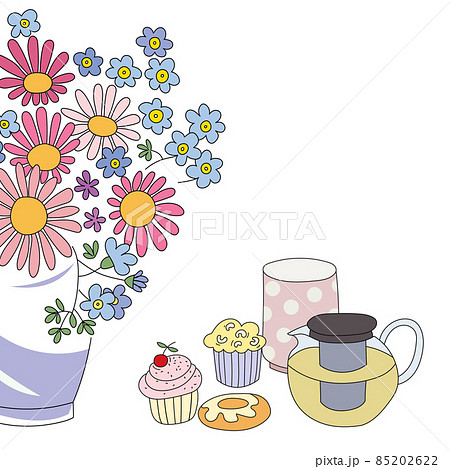 Tea time set with teapot, cup, cakes and bouquet of flowers. Copy space. Copy space. 85202622