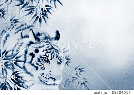 水墨画風の虎と竹林の年賀状背景イラスト ダブルトーン青 黒 背景白 横 他色有のイラスト素材