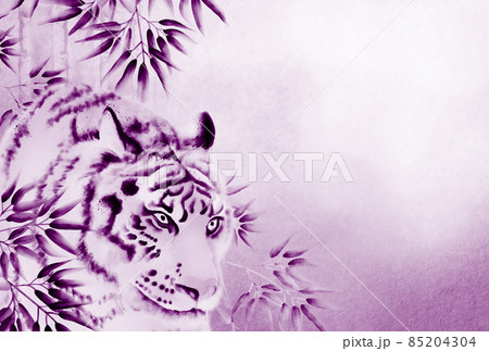 迫力ある虎と竹林の水墨画風年賀状背景イラスト ダブルトーン/桃色 背景白 横 他色/高解像度画像有 85204304