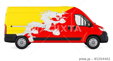 Bhutanese flag painted on commercial delivery van. Freight delivery in Bhutan, concept. 3D rendering Bhutanese flag painted on commercial delivery van. Freight delivery in Bhutan, concept. 3D rendering 85204402