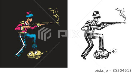 Vintage military man with a bomb and a gun. The concept of war in history. Hand drawn engraved Vintage military man with a bomb and a gun. The concept of war in history. Hand drawn engraved 85204613