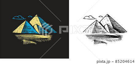 Egyptian pyramid. Hand drawn engraved old sketch. Seven Wonders of the Ancient World.  85204614