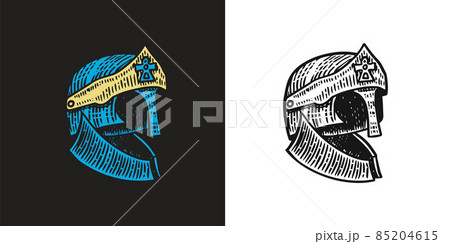 Medieval symbol Battle Helmet for knights or kings, vintage, engraved hand drawn in sketch or wood 85204615