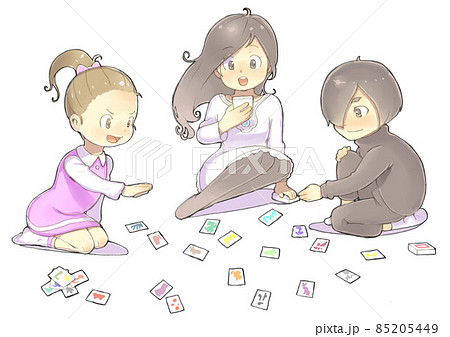 かるたをする女子小学生の三人のイラスト素材