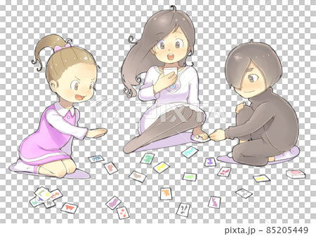 Three elementary school girls playing karuta Three elementary school girls playing karuta 85205449