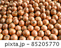 Onion for sale at vegetable market, close up. Boxes full of onions in shop. Onions at the greengrocer's stall. Vegetable. 85205770