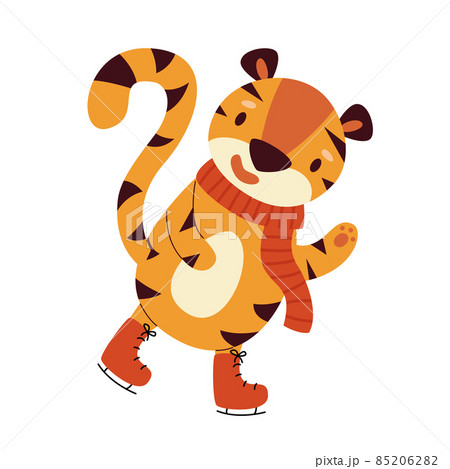 Cheerful cartoon tiger is skating in red skates and a scarf 85206282