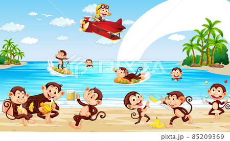 Beach scene with little monkeys doing different activities 85209369
