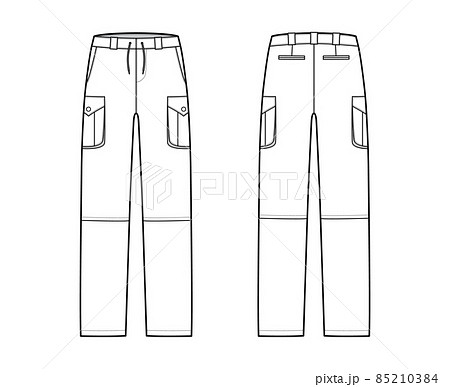 Zip-off convertible pants technical fashion illustration with low waist, high rise, box cargo jetted pockets, drawstring 85210384