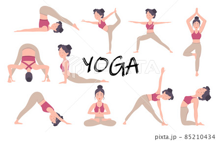 Womens Yoga set. A pretty European girl shows various asanas, in a red tracksuit. Yoga training. Vector illustration. 85210434