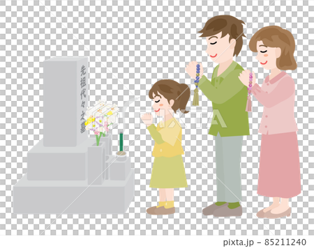 春のお彼岸にお墓参りをする家族 85211240