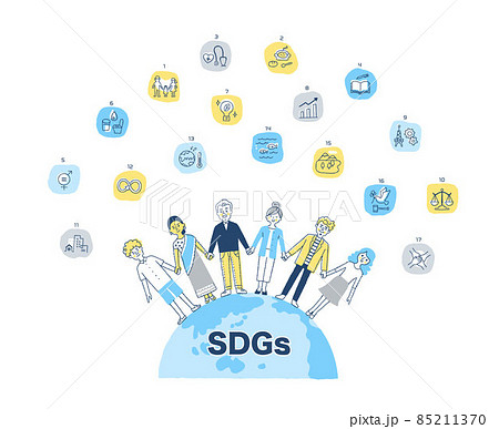 SDGs イメージ　地球とさまざまな人々と17の目標アイコン 85211370
