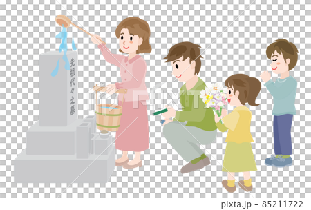 A family of four visiting a grave on the equinoctial week in spring 85211722
