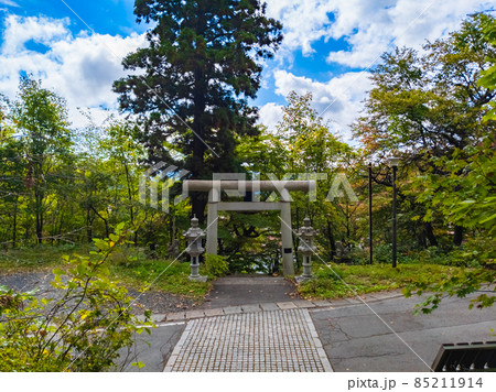 道路と交差する参道にある鳥居 (山形県、蔵王温泉、酢川温泉神社) 85211914