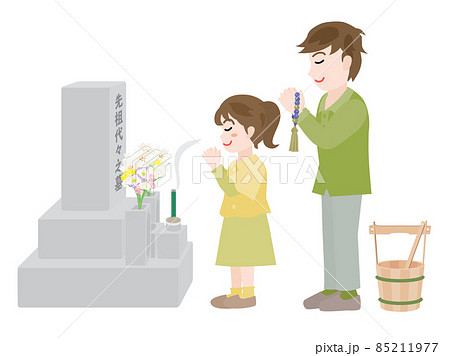 春のお彼岸にお墓参りをする親子 春のお彼岸にお墓参りをする親子 85211977