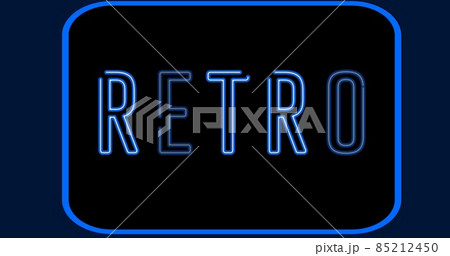 Digital composite image of illuminated neon retro text in blue over black background Digital composite image of illuminated neon retro text in blue over black background 85212450