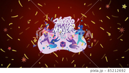 Digital composite of happy new year text with human representation amidst confetti Digital composite of happy new year text with human representation amidst confetti 85212692
